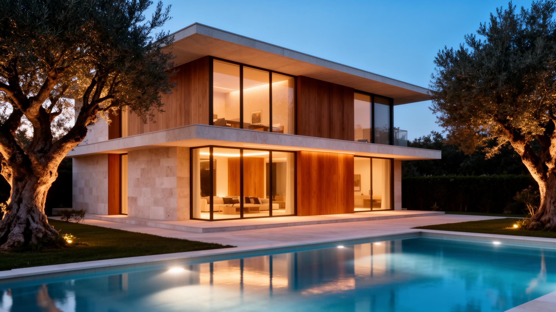 Garden villa at dusk - modern Passive House in Bankya